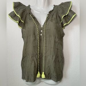 OMIKA Wilora Olive Green Blouse W/ Yellow Trim & Ruffle Short Sleeves Small